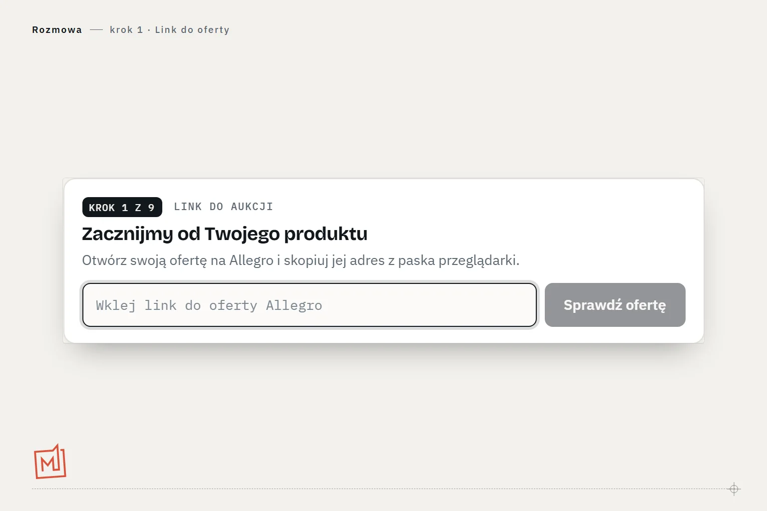 Karta z rozmowy: pole „Wklej link do oferty Allegro” z przyciskiem „Sprawdź ofertę” i podpowiedzią, skąd skopiować adres.